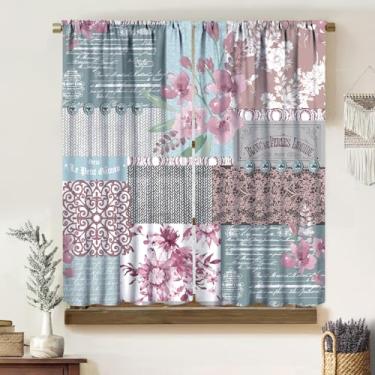 Imagem de Cortinas de retalhos rurais, vintage boêmio abstrato aquarela azul rosa floral padrão sem costura tratamentos de janela, cortinas blackout com bolso para varão para sala de estar, quarto, banheiro,