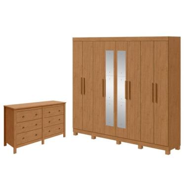 Imagem de Guarda Roupa Casal Andara Soft com Espelho e Pés com Cômoda Horizontal Maggiore Amêndoa Clean - Lopas