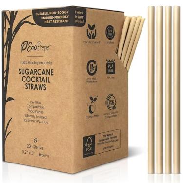 Imagem de EcoPreps Canudos biodegradáveis para coquetel de cana de açúcar de 12,7 cm | 200 unidades, 100% compostáveis, sem plástico, canudos ecológicos | Canudos descartáveis de fibra de planta de cana de
