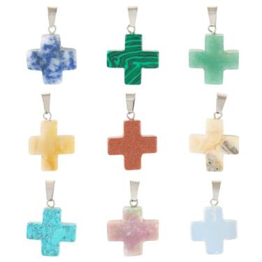 Imagem de KISSITTY Pingentes de pedra sintética natural, cruz, 18 peças, pingentes de cruz com pingente de cruz de pressão para colar DIY, pulseira, brinco, fabricação de joias, pedra preciosa, pedras preciosas
