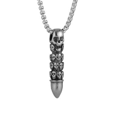 Imagem de Colar masculino gótico punk hip-hop rock crânio cilíndrico com pingente de bala, material de aço inoxidável 316L, corrente de pérola quadrada de aço inoxidável prata, presente de joia vintage, Aço