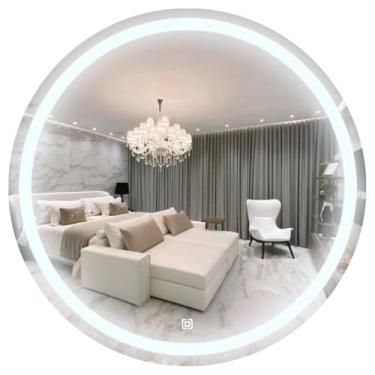Imagem de Espelho jateado parede lapidado decorativo redondo 80x80cm luz led touch Screen Dimerisável luxo Iluminado Pendurador - Led quente, neutro ou frio (Led Frio 6000k)