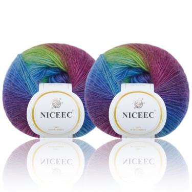 Imagem de NICEEC 2 novelos de fio macio arco-íris 100% lã gradiente multicolorida para tricô de crochê comprimento total 180 m × 2 (196 m × 2,50 g × 2)-9#