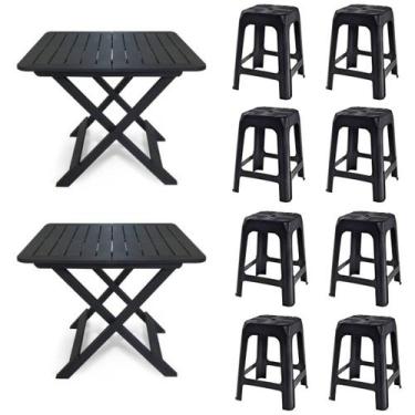 Imagem de 2 Mesas Quadradas Dobráveis 80x72cm Preta + 8 Banquetas Empilháveis - 