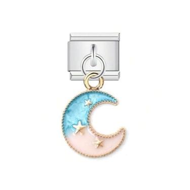 Imagem de Pulseira italiana berloques de aço inoxidável 9 mm elo módulo DIY joias lua e estrela, Small, Aço inoxidável, Zircônia cúbica