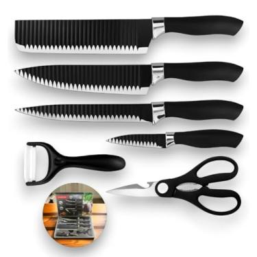 Imagem de Kit Jogo de Facas Antiaderente 6 Pcs para Churrasco e Cozinha - Aço Inox Afiado, Inclui Faca do Chefe, Cutelo, Descascador, Tesoura - Ideal para Carnes, Legumes, Frutas - PRETO