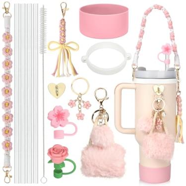 Imagem de Conjunto de acessórios de copo Stanley rosa com 14 peças, incluindo capa de canudo de silicone para garrafa de água e alça de silicone para copo Stanley Cup 1,134 g 850,5 g copo com alça
