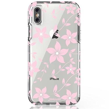 Imagem de JIAXIUFEN Capa transparente compatível com iPhone X XS Flower Glitter Design protetora à prova de choque Slim Protective Girl Women Phone Case para iPhone Xs X, floral rosa