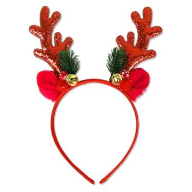 Imagem de LETSWIN Tiara de Natal com chifre vermelho, faixa de cabelo de alce com glitter vermelho com design de sino de azevinho, argola de cabelo fofa de rena de Natal, presente de festa de Natal, acessórios