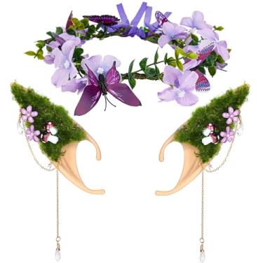 Imagem de FRESHME Conjunto de orelhas de elfo de cogumelo roxo com flor e coroa de borboleta, orelhas de fada elfos macias e floresta, acessório de cabeça floral para mulheres renascentistas, casamento, Halloween, cosplay, festa nupcial, adereços para sessão de fotos