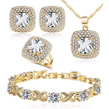 Imagem de Conjunto de joias para mulheres, colar de strass de zircônia cúbica, clipes de anel, conjunto de pulseiras, brincos e pulseiras, presente de noivado para esposa, namorada, melhor amiga, 4.6x3.5 x1.3 inches, Platina Ouro rosa Ouro amarelo, Zircônia cúbica