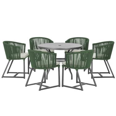 Imagem de Mesa com 6 Cadeiras de Jantar Roma 120cm e Noronha em Alumínio Preto Corda Náutica Estofado 3 Trama Original