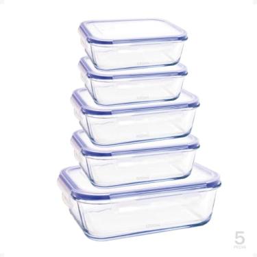 Imagem de Kit Conjunto 5 Potes De Geladeira Hermético De Vidro Marmita Tampa Click (Azul)