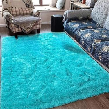 Imagem de Tapete macio e fofo para quarto de crianças, antiderrapante, grande, felpudo, pele felpuda, área interna, sala de estar, carpete, quarto infantil, azul, 120 cm x 160 cm