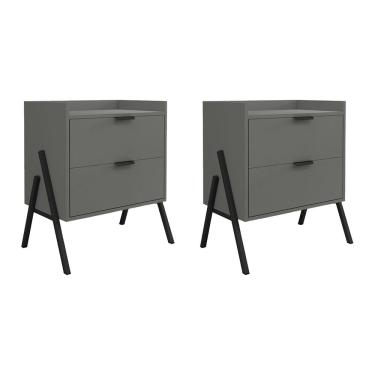 Imagem de Kit 2 Mesas de Cabeceiras Retrô com 2 Gavetas Asher 63cm - Cinza