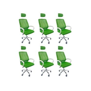 Imagem de Kit 6 Cadeiras Escritório Diretor Oficial Tela Mesh Apoio Nuca Verde Branco