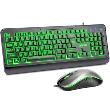 Imagem de CHONCHOW Conjunto de teclado e mouse com fio com impressão grande, luzes LED vermelho-verde-amarelo e teclas silenciosas para escritório e jogos, mouse RGB, teclado com retroiluminação, para PC,
