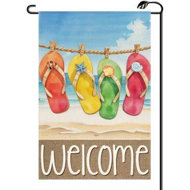 Imagem de Bem-vindo verão praia flip-flop bandeira de jardim 30,5 x 45,7 cm vertical dupla face férias sazonal pequenas bandeiras fazenda decoração externa para quintal (apenas bandeira) XJ63
