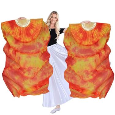 Imagem de TRIMODI 1 par de véus femininos feitos à mão (esquerda + direita) para fãs de dança do ventre de seda verdadeira, comprimento da cor Githree_browse-bin) 180 cm largura 90 cm (gravata vermelha e