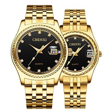 Imagem de Relógio de pulso masculino de aço inoxidável, à prova d'água, de quartzo, com relógio de pulso e relógio dourado para casais, two tone/black