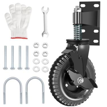 Imagem de Roda de portão resistente de 20 cm com rodízio acionado por mola, capacidade de 272 kg, pneu de borracha à prova de poeira, giro e freio de 360°, para portões de madeira e metal – uso em todos os