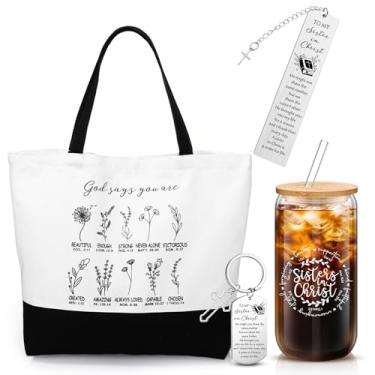 Imagem de Maxdot Presente Sister in Christ para mulheres, 1 copo de vidro com tampas e palha, 1 bolsa de maquiagem de viagem, 1 versículo da Bíblia, chaveiro, 1 marcador de livro das escrituras cristãs