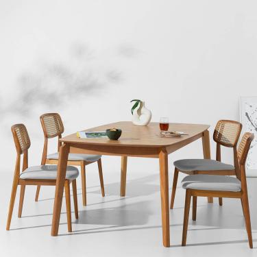 Imagem de Conjunto Mesa de Jantar Lalá Retangular Carvalho Americano - 1,60mx90cm + 4 Cadeiras Lótus Encosto Palha Larga Linne - Cinza