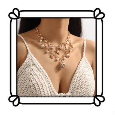 Imagem de Colar com pingente de concha de praia boêmio - Corrente de ouro com concha, estrela do mar, colar com pingente de pérola - 2 peças, necklace, Metal, Sem Pedra Preciosa