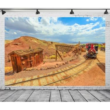 Imagem de CORFOTO Pano de fundo antigo de trem a vapor de 2,1 x 1,5 m, região do deserto de Mojave, cidade abandonada, deserto do oeste, para decoração de festa de aniversário com tema de cidade ferroviária