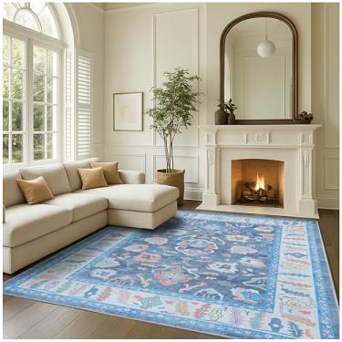 Imagem de Fame Rugs Tapete Oushak moderno azul 12 x 18, tapetes laváveis vintage turco colorido oriental inspirado na antiguidade, sala de estar de luxo (387BNB, 4'9 x 6'9)