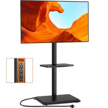 Imagem de TVON Suporte de TV de chão com tomada, suporte de TV para TVs de 32 a 60 polegadas até 40 kg, suporte giratório para TV com ajuste de altura e base de madeira de segurança para escritório, canto, VESA