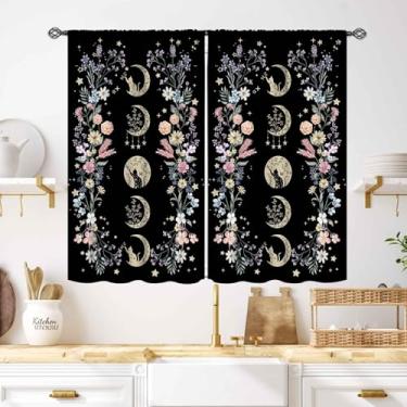 Imagem de Cortinas de cozinha floral fase da lua, flores silvestres, florais, plantas, pequenas, curtas, cafeterias, natureza, estética, gato preto, fase da lua, retrô, misteriosa, cortinas de janela