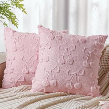 Imagem de Mixweer Capas de almofada rosa com laço cereja 45,7 x 45,7 cm, conjunto de 2 capas de almofada estéticas de lã sintética macia, decoração de quarto para sala de estar, sofá, sofá