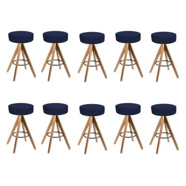 Imagem de Kit 10 Banqueta Alta Redonda Giratória Delia Madeira Balcão Sintético Azul Marinho
