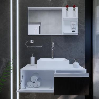 Imagem de Gabinete Para Banheiro Kairós 80 Fresno Negro C/cuba + Espelheira C/espelho + Torneira E Válvula