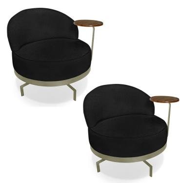 Imagem de Kit 2 Poltronas Decorativa Andromeda Linho Bouclê Base Giratória De Ferro - Pallazio Cor Preto