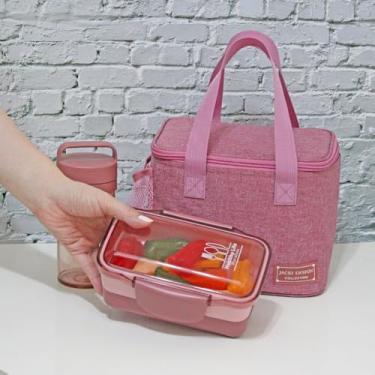 Imagem de Bolsa Térmica Lancheira Grande Espaçosa Com Bolso Lateral e Alça de Mão Kit 3 Peças Marmita e Garrafa com Infusor use Passeio, Escola, Faculdade, Trabalho (Rosa)