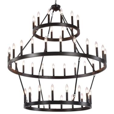 Imagem de CoyRizds Lustre Preto De 3 Níveis Com Rodas Carroça, 52 Luzes, 48" Extra Grande, Redondo, Luminária Fazenda Para Tetos Altos, Sala Estar, Jantar, Cozinha, Ilha, Hall Entrada - Ul Liste