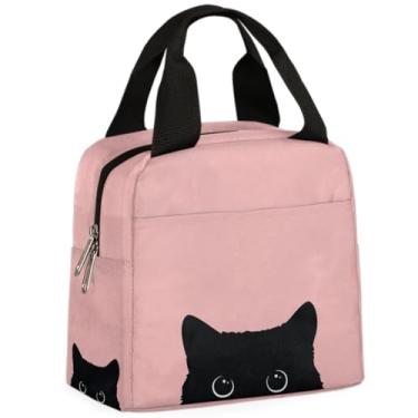 Imagem de Sacos de almoço para mulheres meninas padrão de gato preto lancheira isolada reutilizável refrigerador almoço sacola lancheira preparação refeição recipiente de almoço para homens adultos trabalho escritório escola piquenique