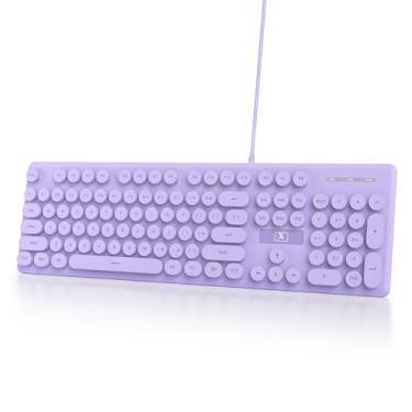 Imagem de Ussixchare Teclado de computador retrô com fio, teclado silencioso para máquina de escrever, roxo e fofo com teclas redondas, retroiluminação LED, 104 teclas para PC, laptop (roxo)
