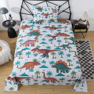 Imagem de lishjekee Jogo de lençol solteiro de dinossauro para crianças, meninos, 3 peças, dinossauro, selva, dinossauro, com 1 fronha, 1 lençol de cima, 1 lençol com elástico para decoração de quarto