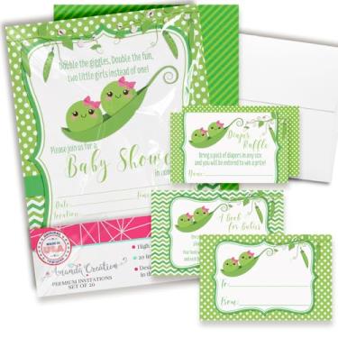 Imagem de Convites de chá de bebê para meninas gêmeas – Conjunto de convites para chá de bebê com ingressos de sorteio de fraldas, cartões de solicitação de livro e envelopes. Conjunto de 20 conjuntos de kits