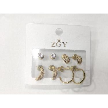 Imagem de Kit 4 pequenos Brincos femininos folheados de zircão Brincos Argola - 