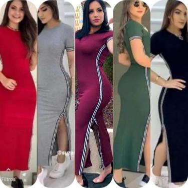 Imagem de Vestido feminino longo manga curta detalhe listra e fenda na lateral m