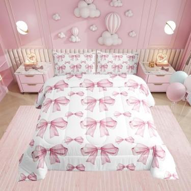 Imagem de Erosebridal Jogo de cama casal com laço rosa, estilo princesa sonhadora, para mulheres, namorada, gravata borboleta, romântico, dia dos namorados, edredom reversível