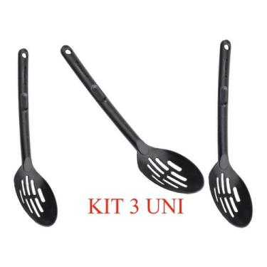 Imagem de KIT 3 Colher De Nylon Vazada Preta Utensílio Cozinha - plasutil