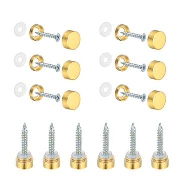 Imagem de YELARXI Parafusos de espelho tampas decorativas de latão prendedores de pregos, acabamento polido de 12 mm adequado para ferragens de publicidade de sinal de espelho (12 peças, ouro)
