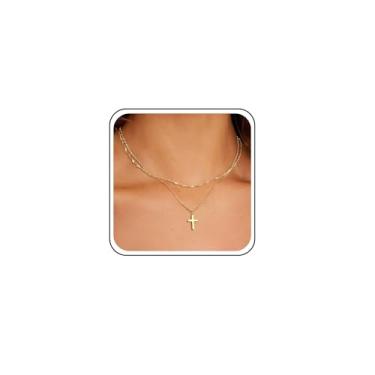 Imagem de TseanYi Colar com pingente de cruz em camadas, corrente torcida dourada, gargantilha minimalista de cruz com corrente fina e pingente de crucifixo, joias de personalidade gótica, Zinco, Sem Pedra