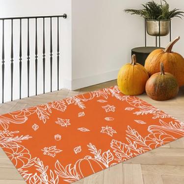 Imagem de Livcoz Tapete lavável com folhas de bordo de abóbora, outono, 5 x 8 m, tapetes pequenos antiderrapantes laranja outono macio, decoração de casa, tapete de porta de entrada, tapete de chão, sala de