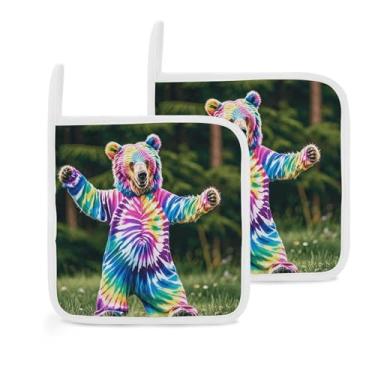 Imagem de Porta-panelas quadradas Bear Dancing Tie Dye Impresso Almofadas de mesa para cozinha e mesa de jantar, suporte de panela com isolamento térmico, 2 peças